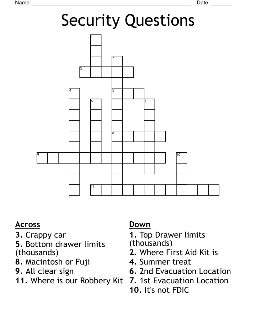 Security Questions Crossword WordMint