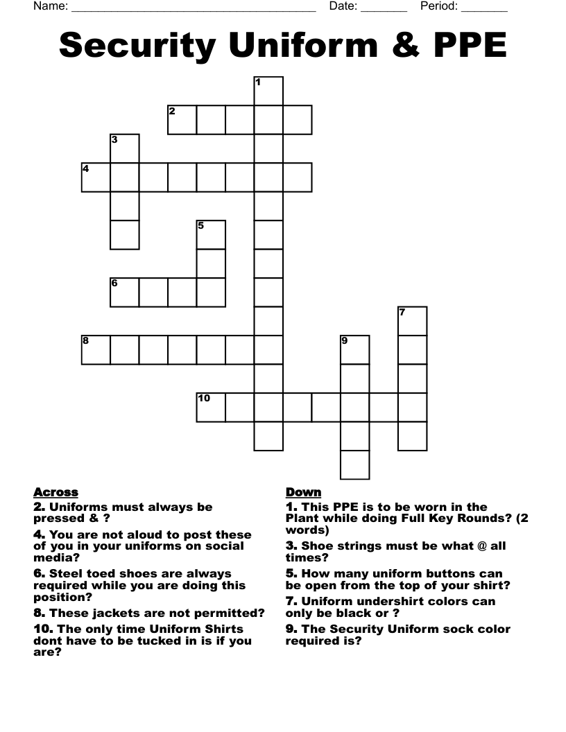 Security Uniform & PPE Crossword WordMint
