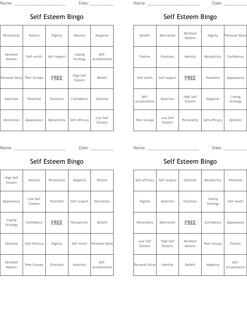 Self Esteem Bingo WordMint