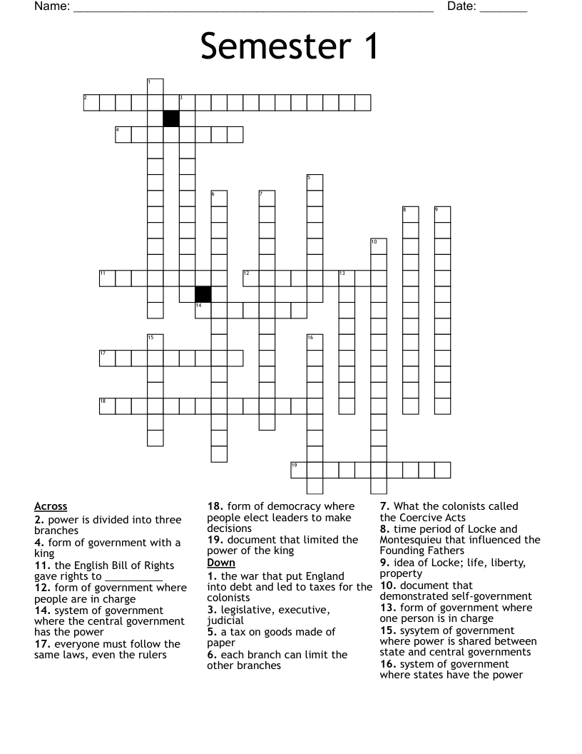 Semester 1 Crossword WordMint