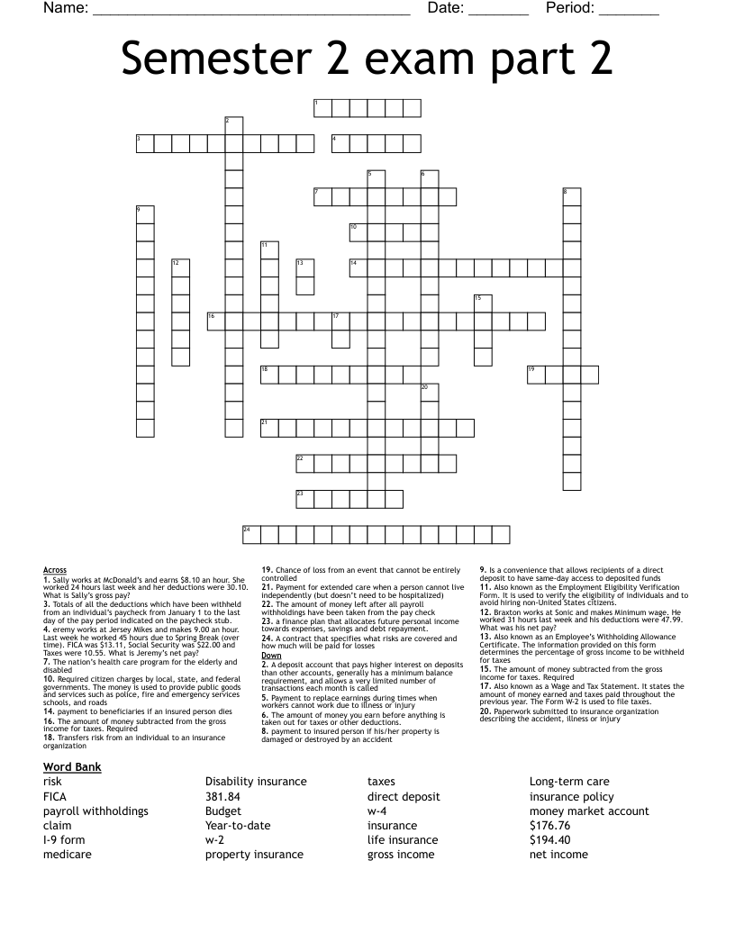 Semester 2 exam part 2 Crossword WordMint