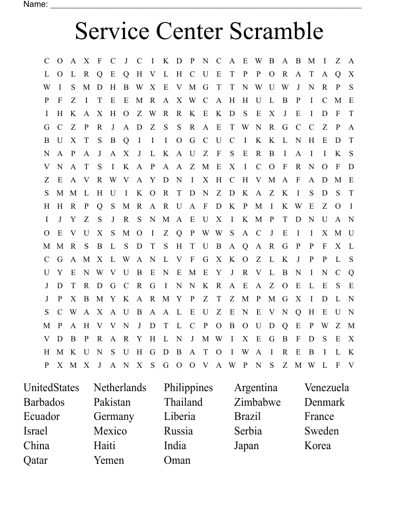Service Center Scramble Word Search WordMint