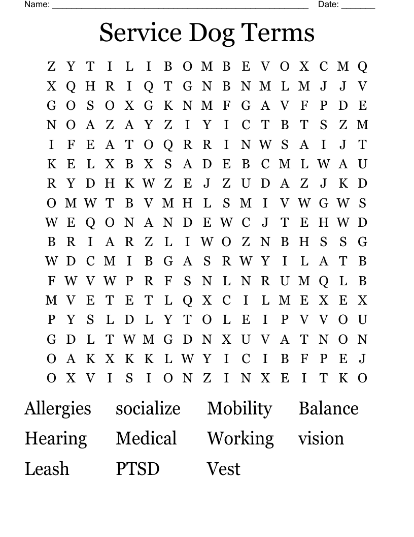 Service Dog Terms Word Search WordMint