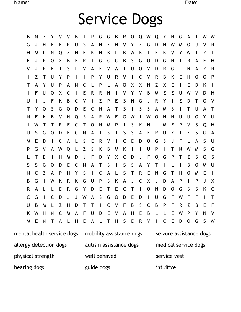 Service Dogs Word Search WordMint