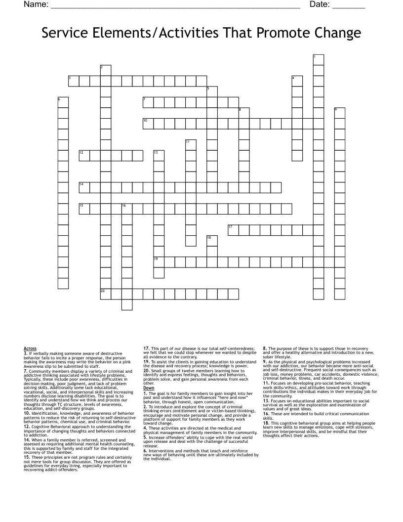Service Elements/Activities That Promote Change Crossword WordMint