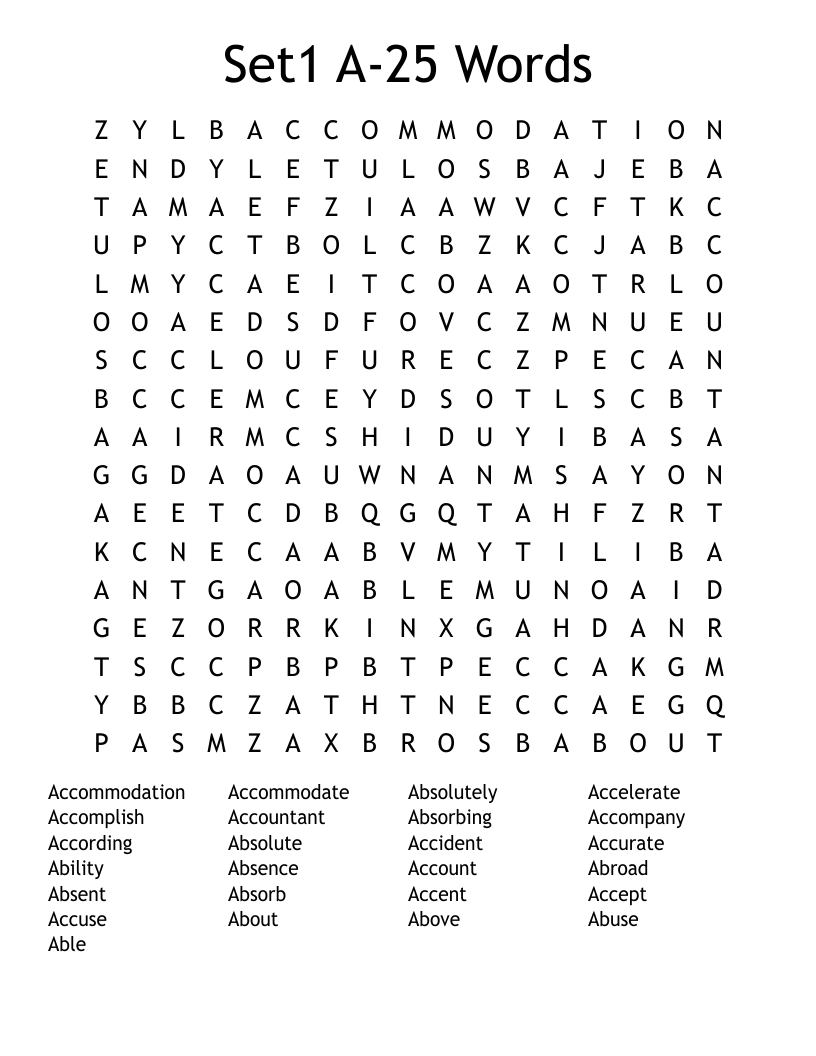 Set1 A25 Words Word Search WordMint