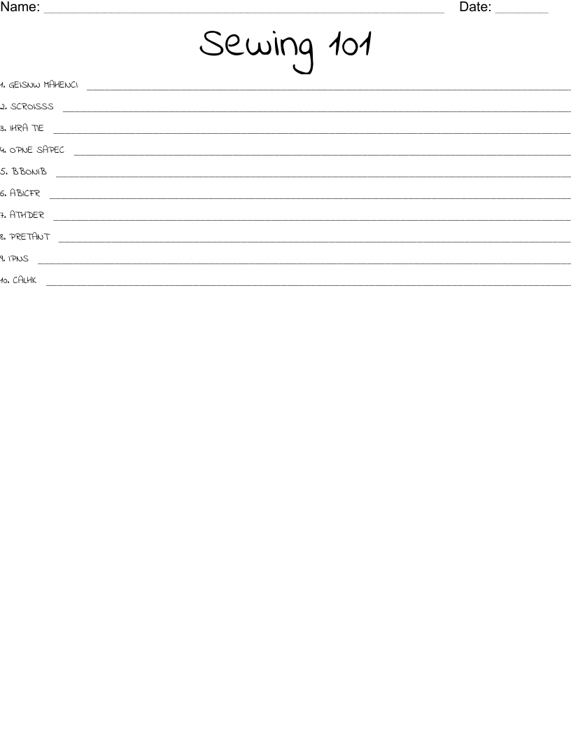 Sewing 101 Word Scramble WordMint