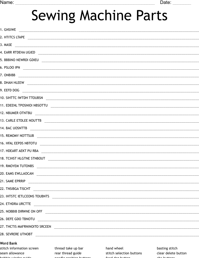 Sewing Machine Parts Word Scramble WordMint