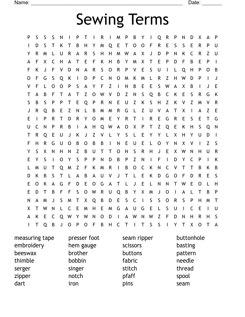 Sewing Terms Word Search WordMint