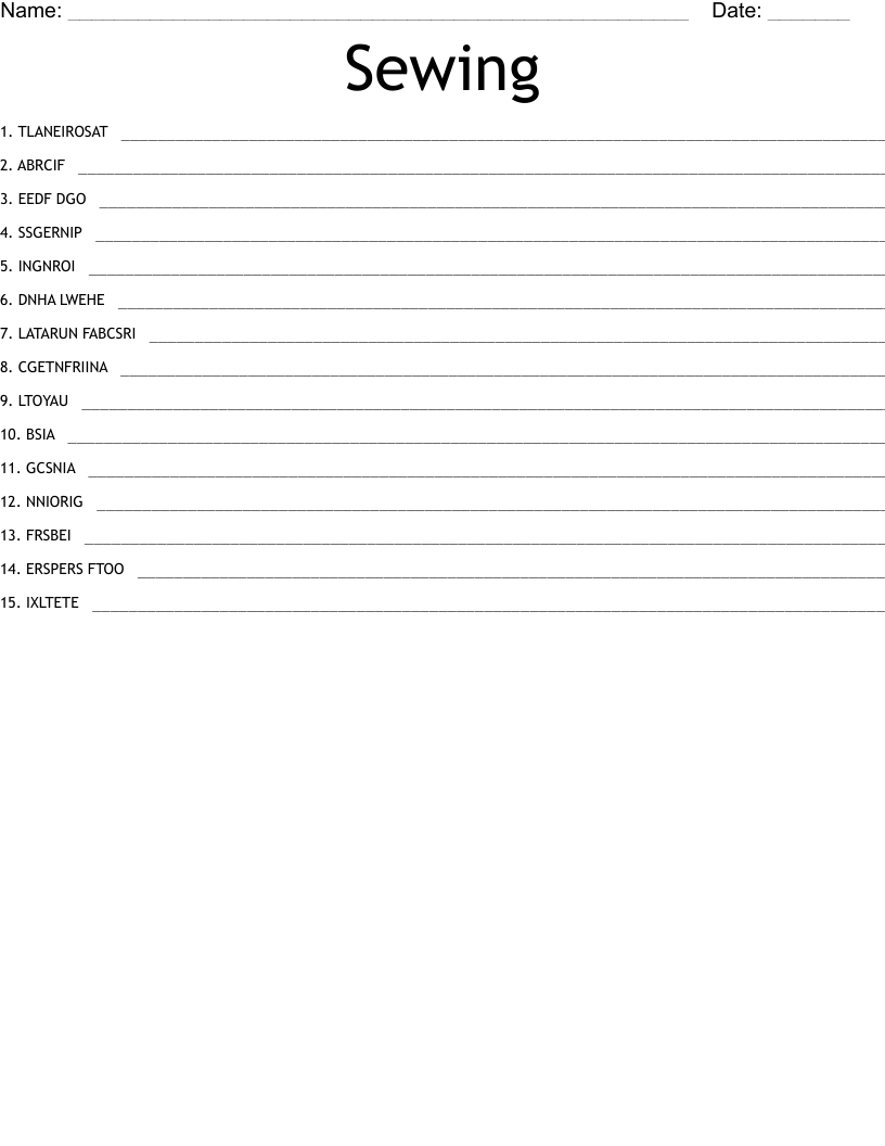 Sewing Word Scramble WordMint