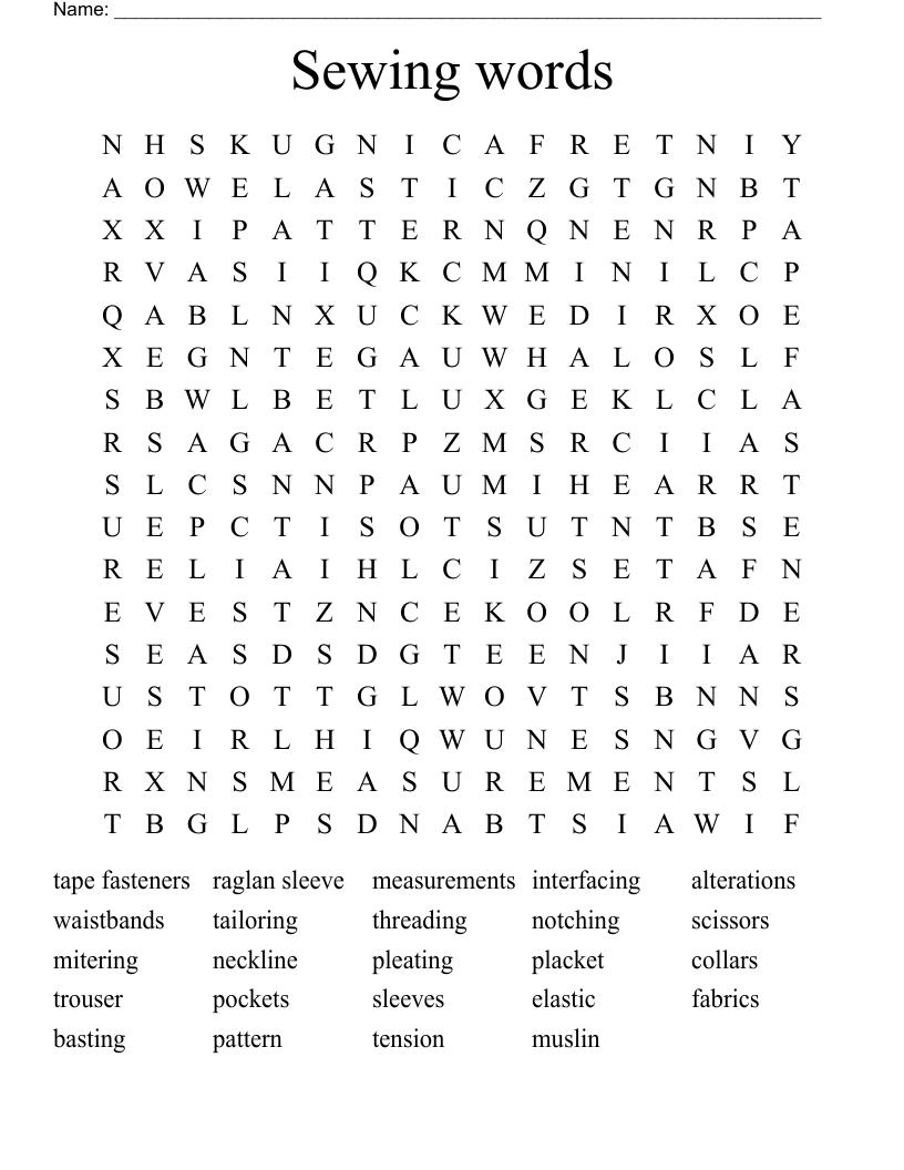 Sewing words Word Search WordMint