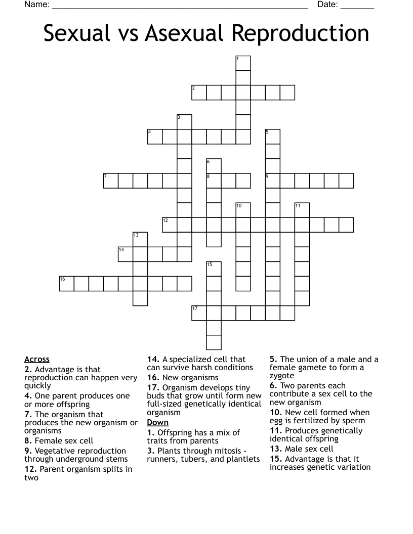 Sexual vs Asexual Reproduction Crossword WordMint