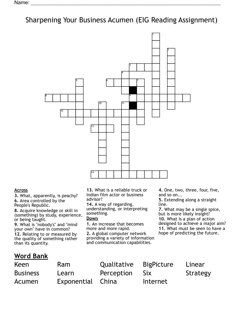 Sharpening Your Business Acumen (EIG Reading Assignment) Crossword