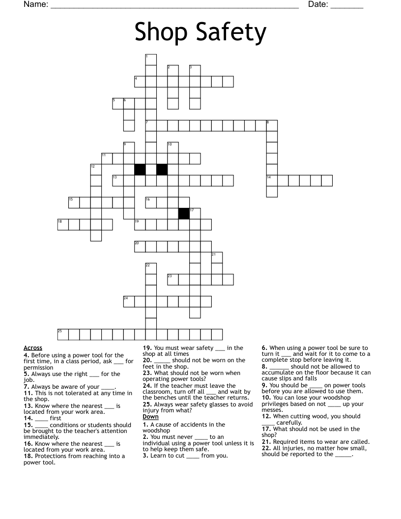 Shop Safety Crossword WordMint