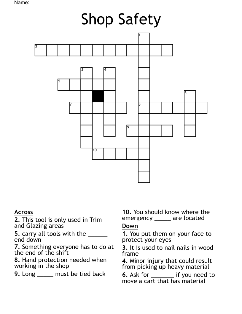 Shop Safety Crossword WordMint