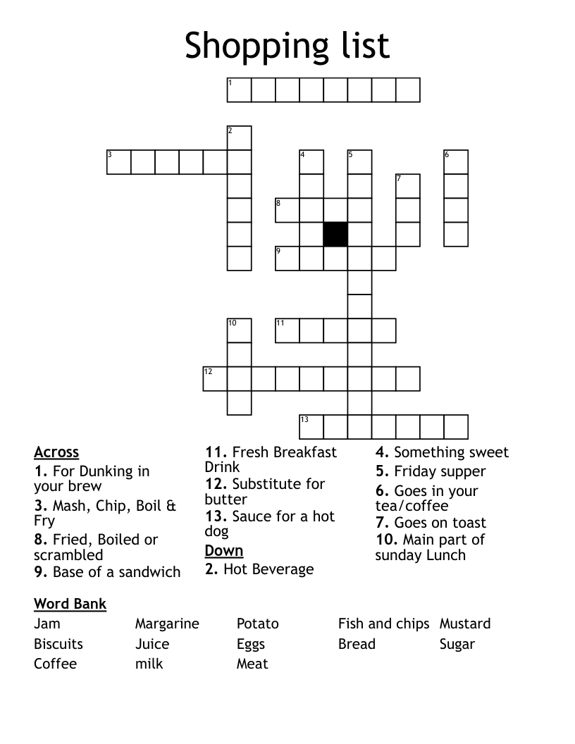 Shopping list Crossword WordMint