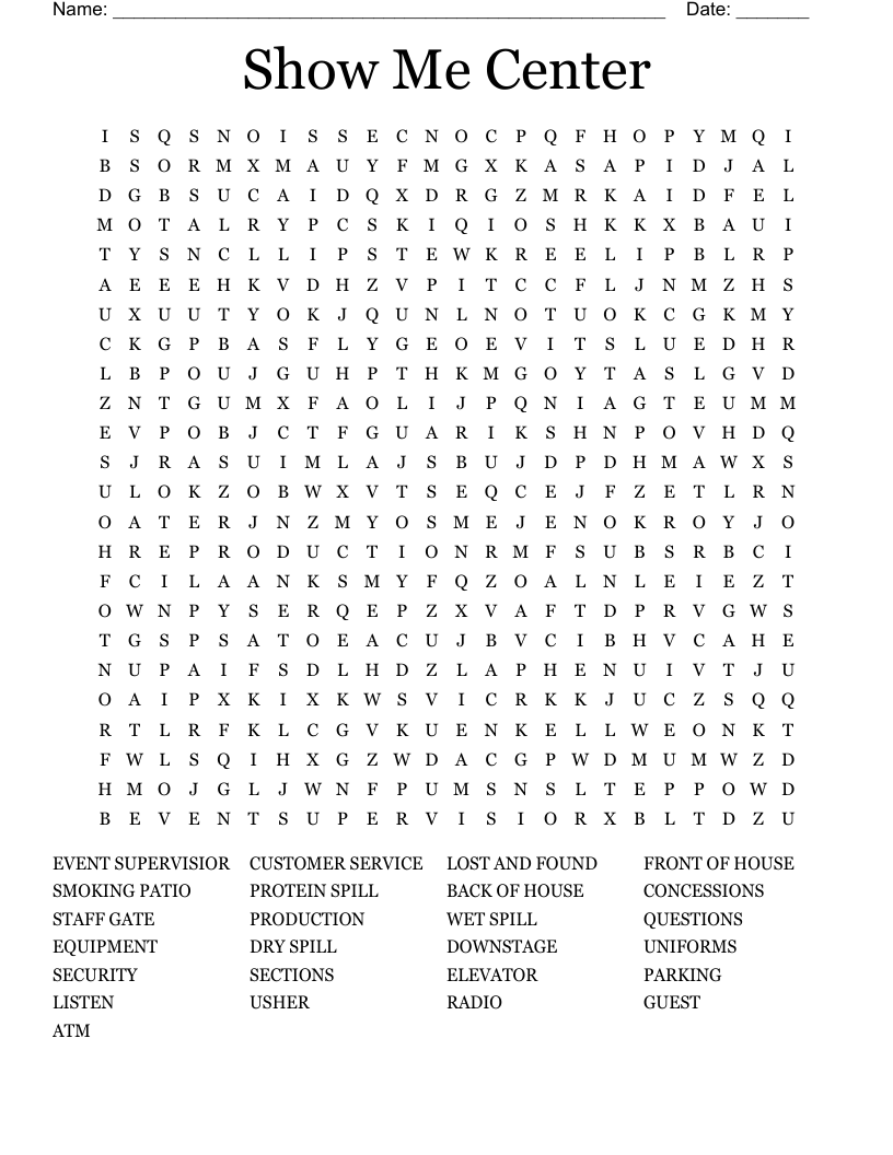 Show Me Center Word Search WordMint
