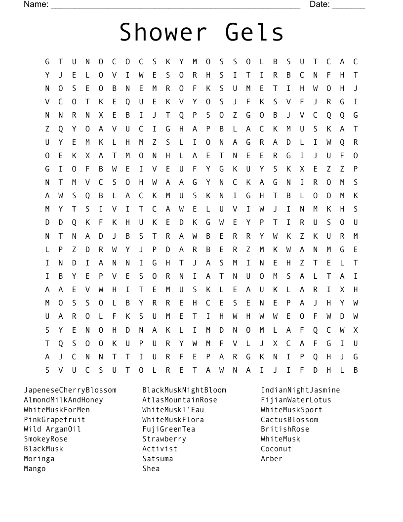 Shower Gels Word Search WordMint