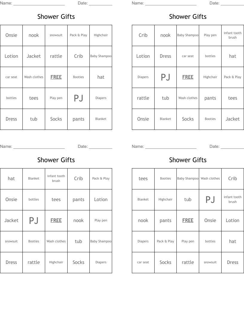 Shower Gifts Bingo Cards WordMint