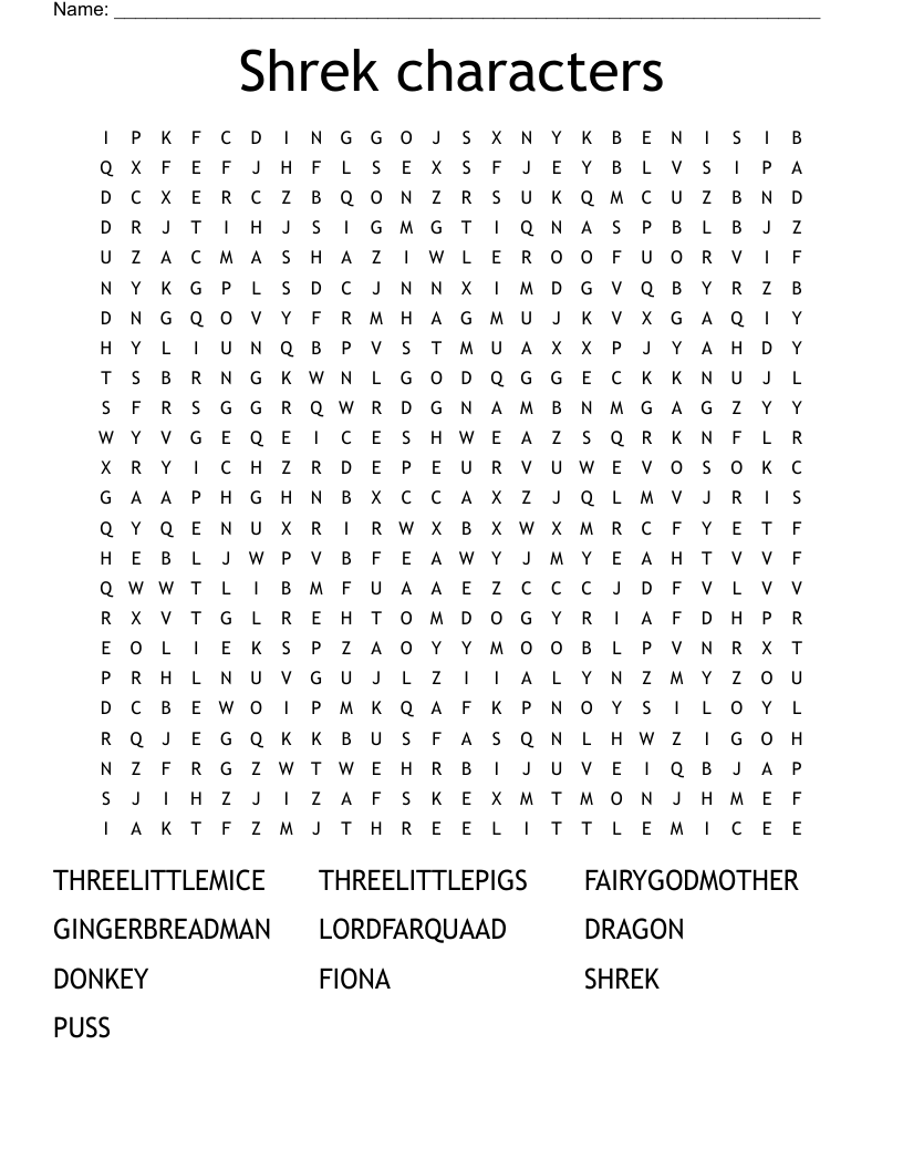 Shrek characters Word Search WordMint