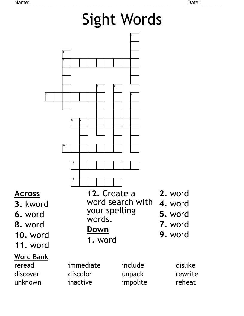 Sight Words Crossword - WordMint