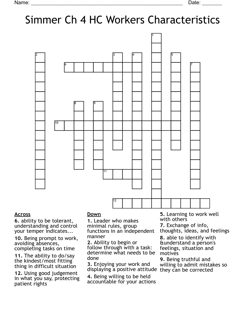 Simmer Ch 4 HC Workers Characteristics Crossword WordMint