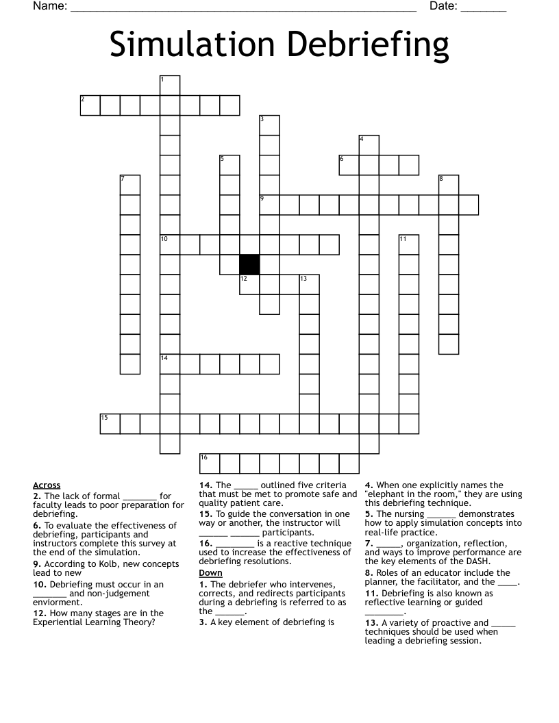Simulation Debriefing Crossword WordMint