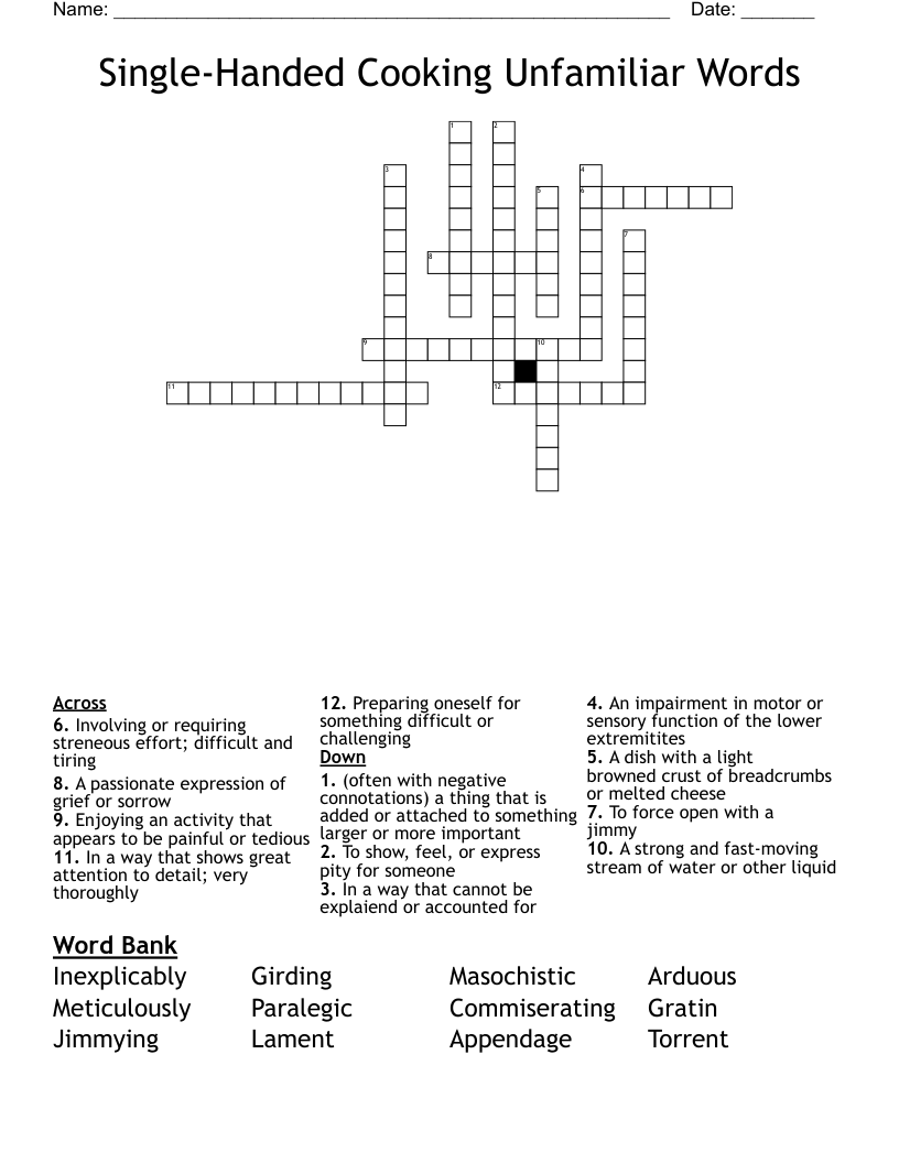 SingleHanded Cooking Unfamiliar Words Crossword WordMint