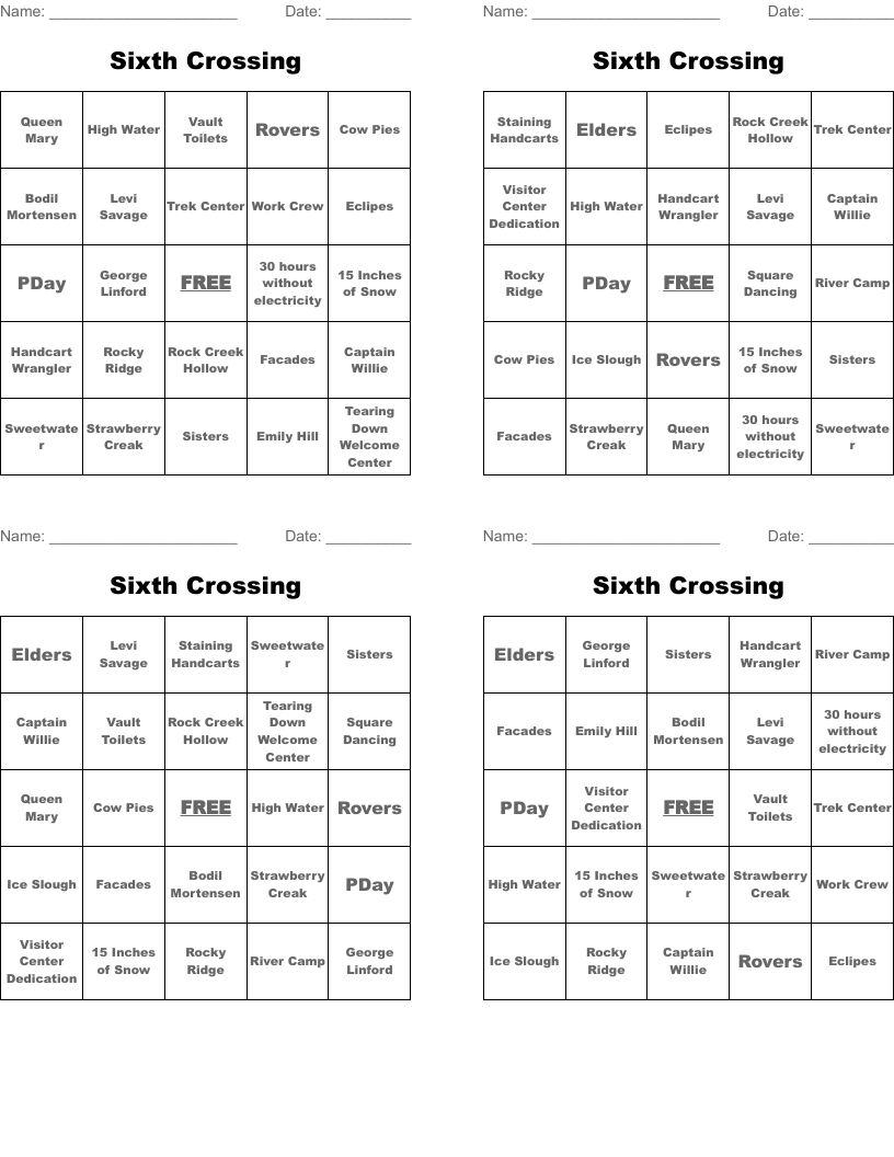 Sixth Crossing Bingo Cards WordMint