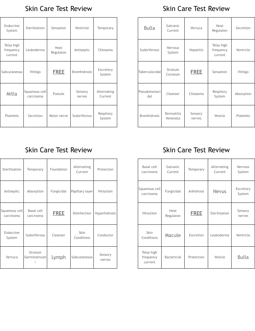 Skin Care Test Review Bingo Cards WordMint
