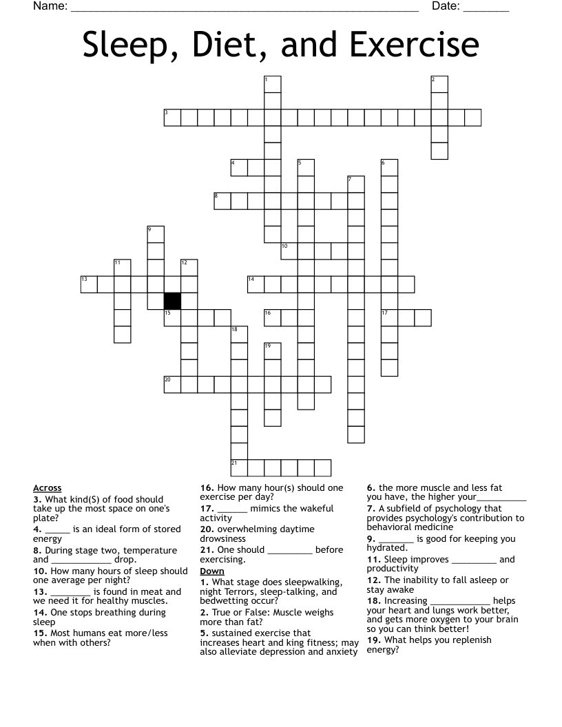 Sleep, Diet, and Exercise Crossword WordMint