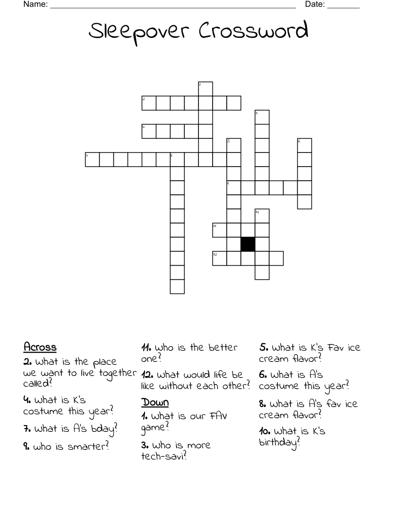 Sleepover Crossword WordMint