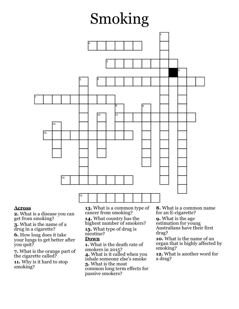Smoking & Smoking Cessation Crosswords, Word Searches, Bingo Cards