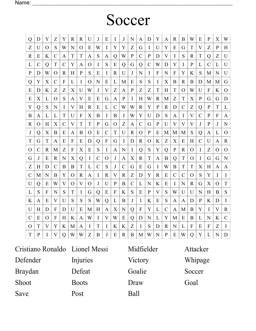 Soccer Player Word Search Printable