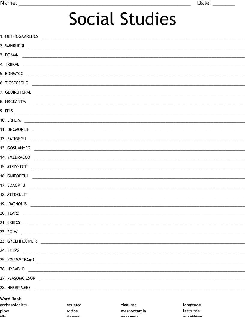 Social Studies Word Scramble WordMint