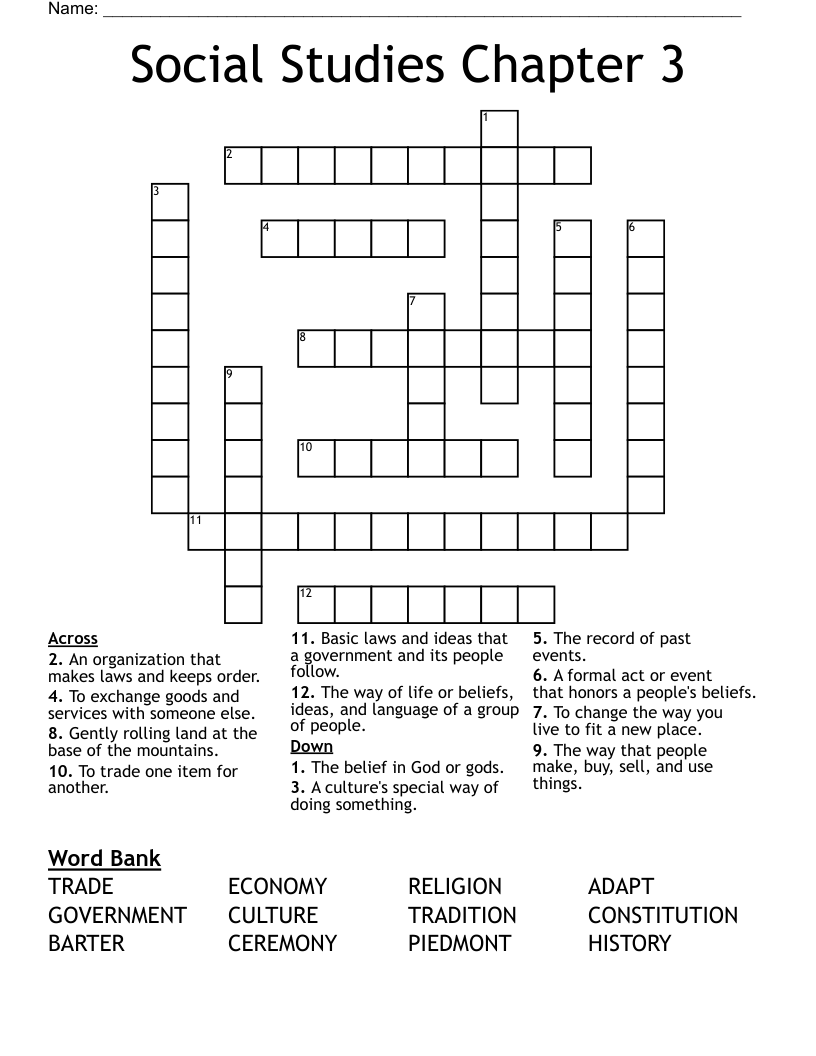 Social Studies Chapter 3 Crossword WordMint