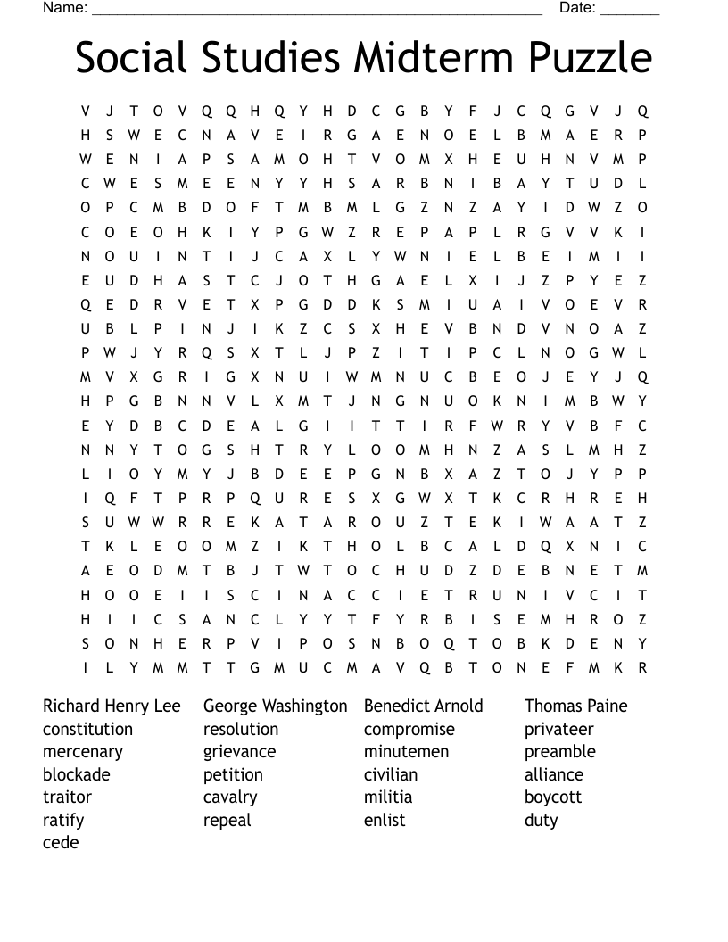 Social Studies Midterm Puzzle Word Search WordMint