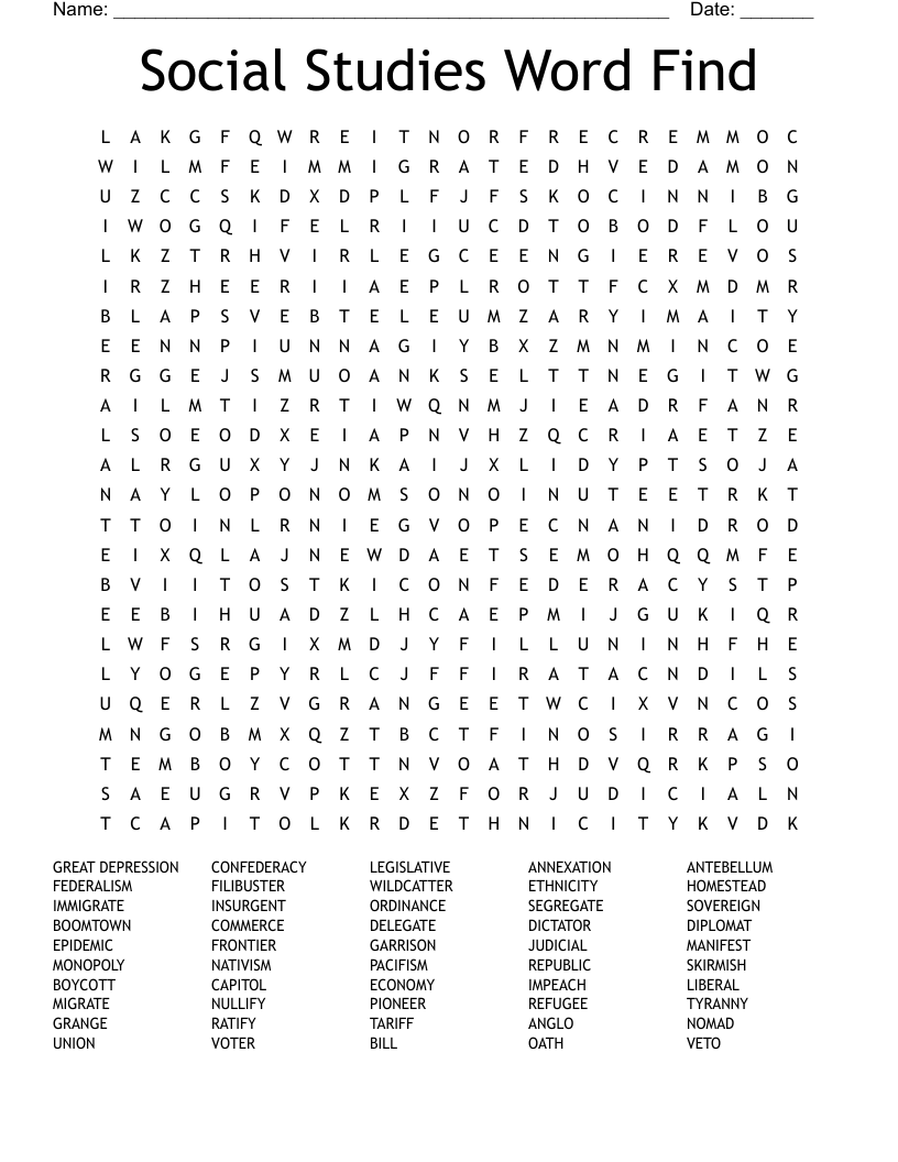 Social Studies Word Find Word Search - WordMint