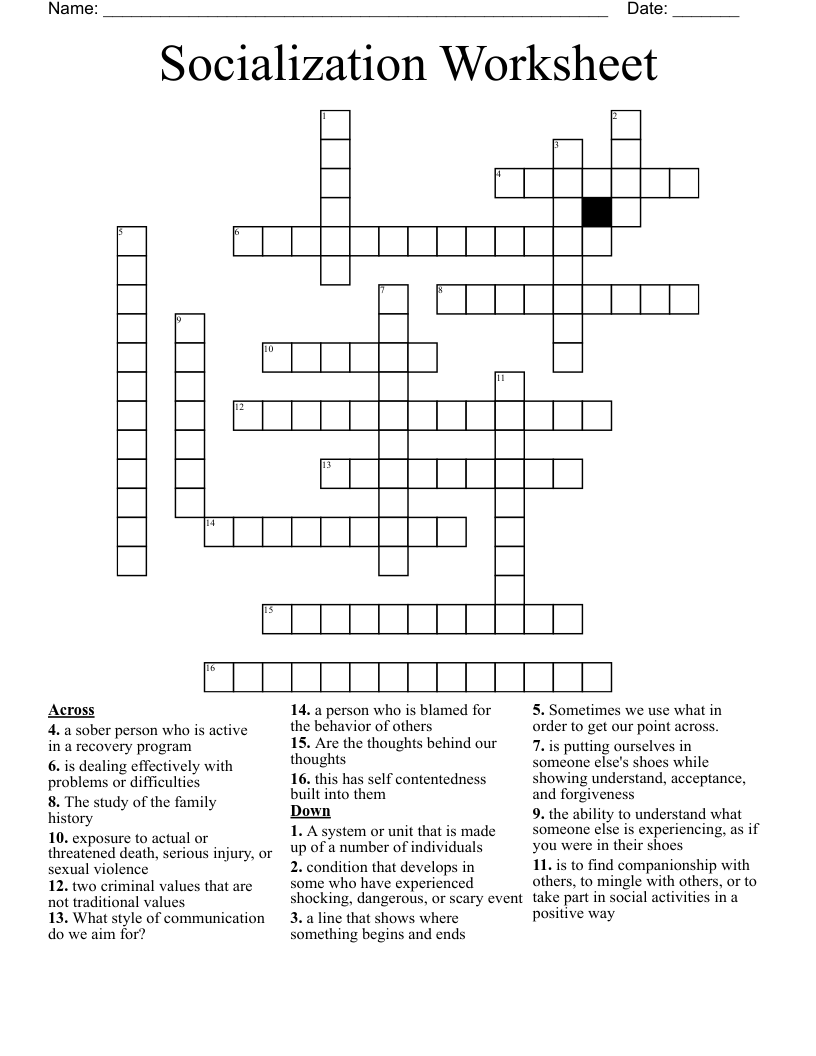 Socialization Worksheet Crossword WordMint
