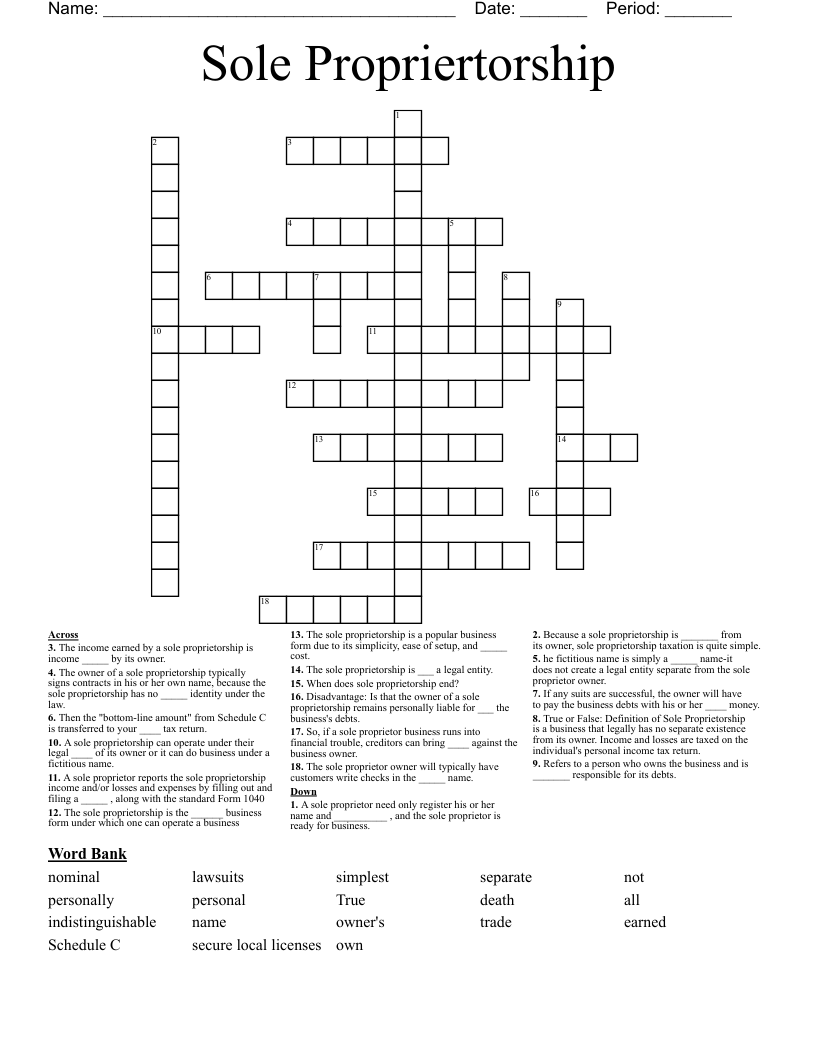 Sole Propriertorship Crossword WordMint