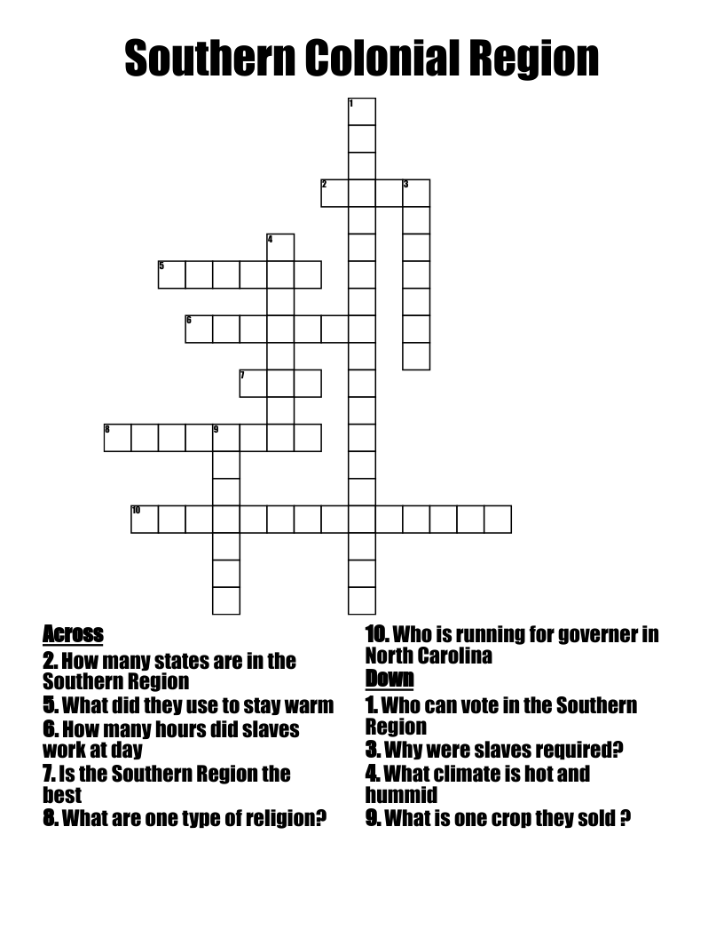 Southern Colonial Region Crossword WordMint