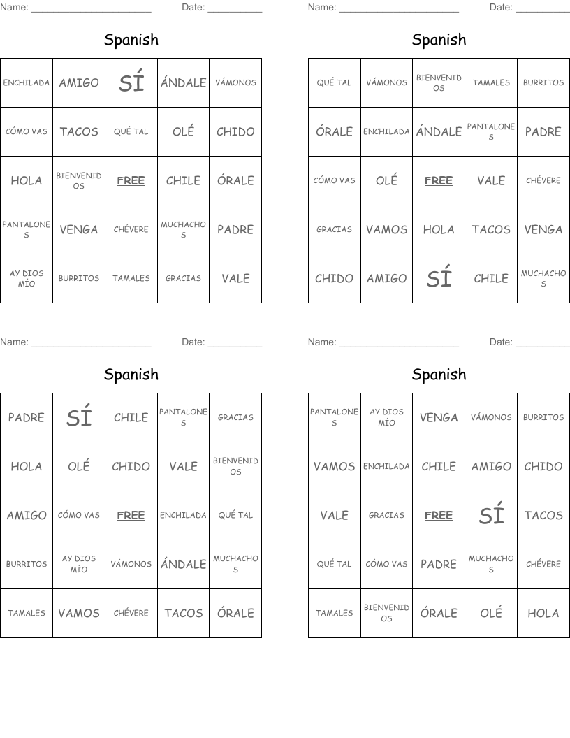 Spanish Bingo Cards WordMint