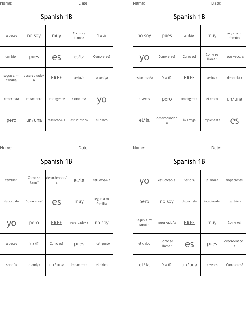 Spanish 1B Bingo Cards WordMint