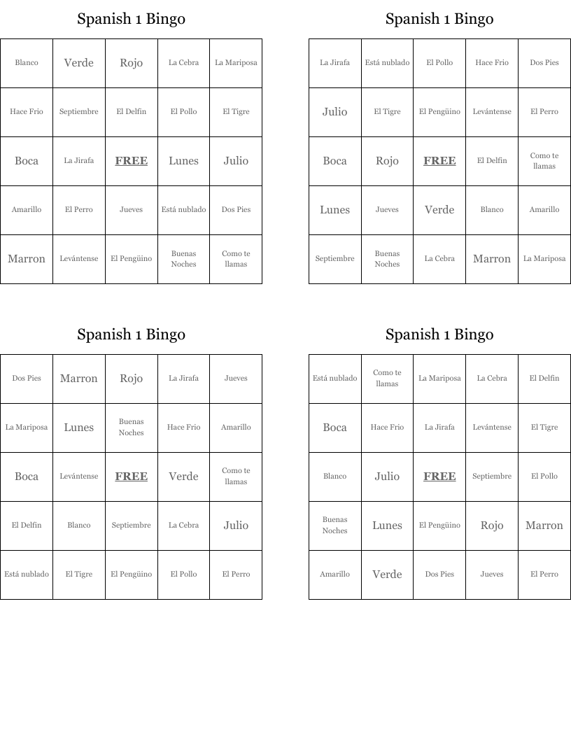 Spanish 1 Bingo WordMint