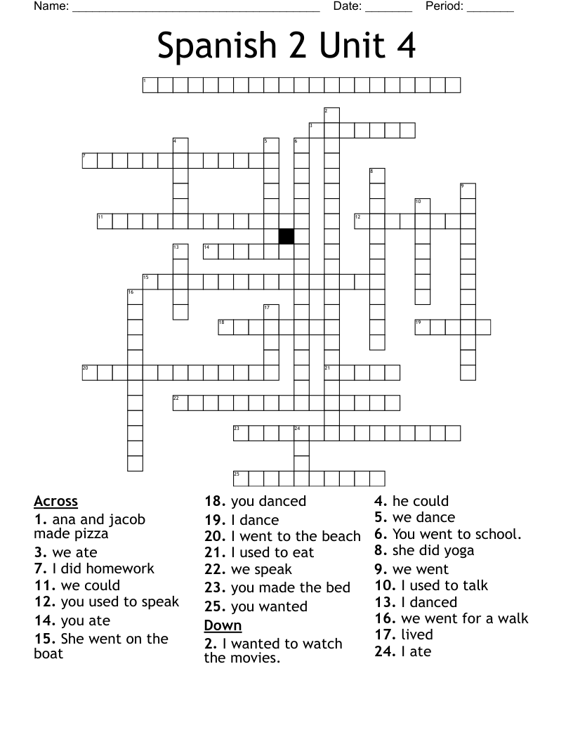 Spanish 2 Unit 4 Crossword WordMint