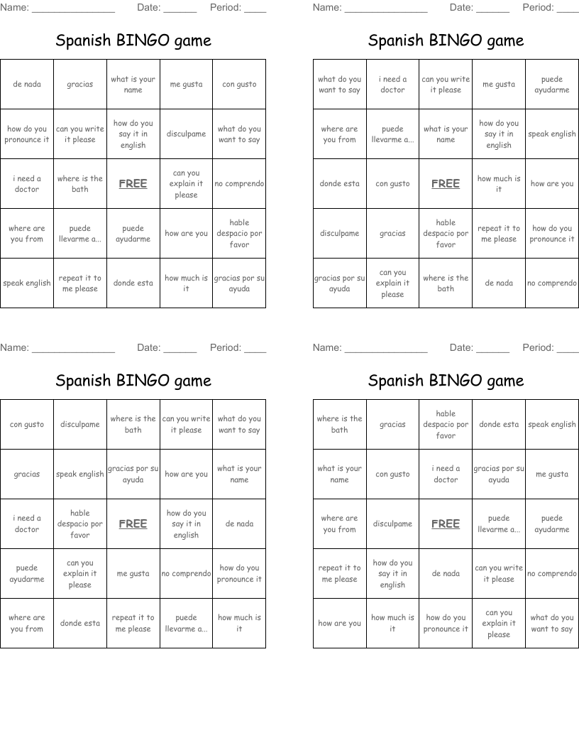 Spanish BINGO game WordMint