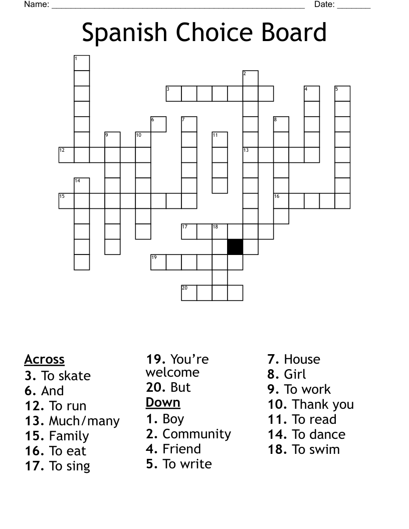 Spanish Choice Board Crossword WordMint
