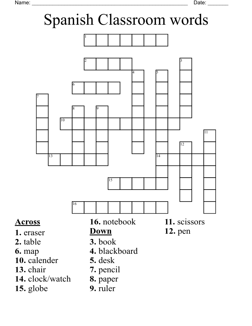 Spanish Classroom words Crossword WordMint