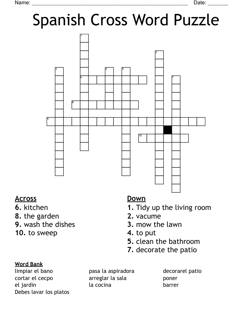 Spanish Cross Word Puzzle WordMint
