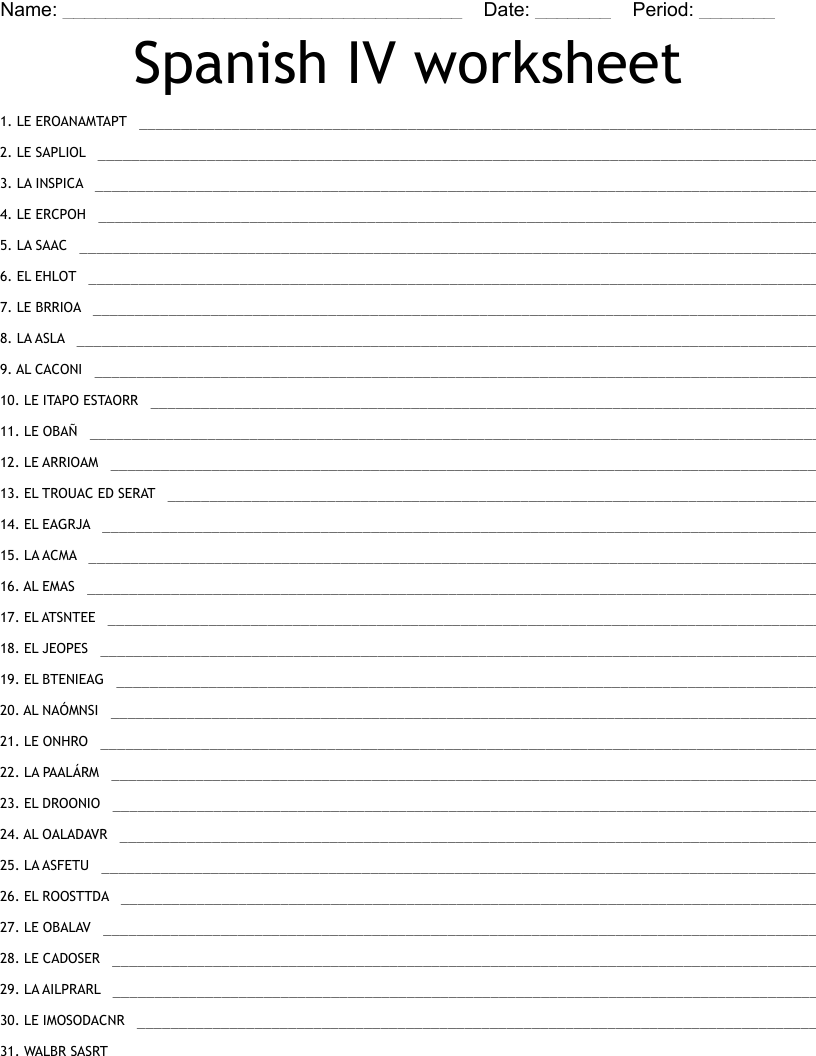 Spanish IV worksheet Word Scramble WordMint